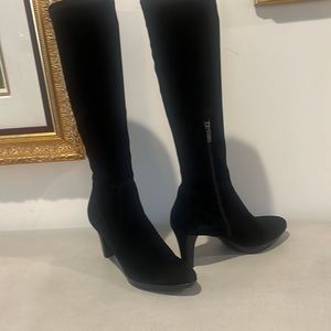 Aquatalia black suede heeled boot with a platform